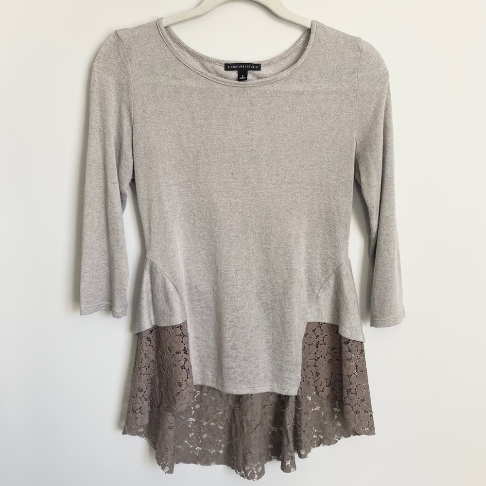 High Low Lace Peplum Shirt with 3/4 Length Sleeves
